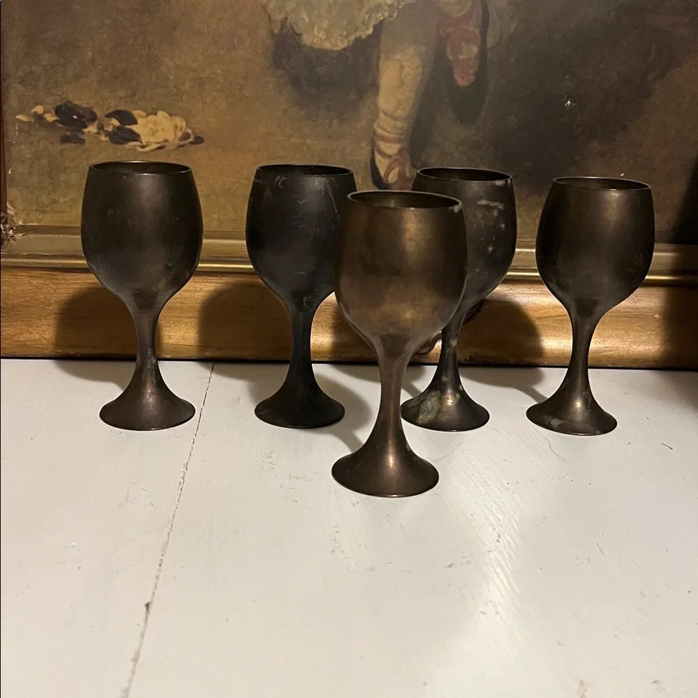 MCM BRASS Wine Goblets Set of (5) Miniature Vintage Rare Patina’d SOLID